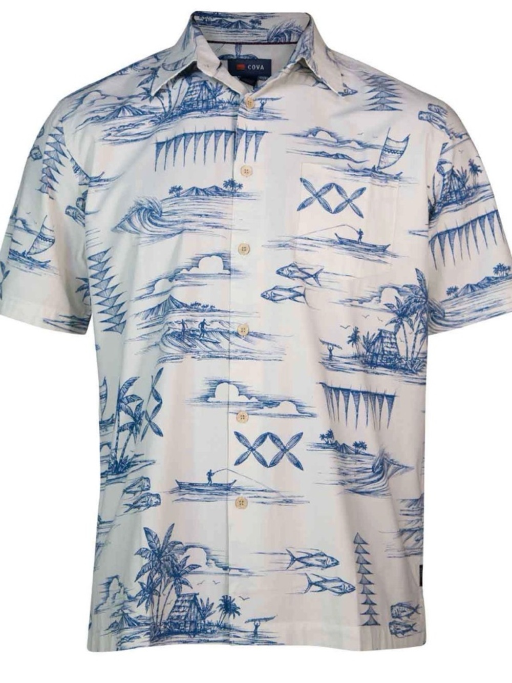 Cova Men's Blue & White Island Print Short-Sleeve Button Down Shirt